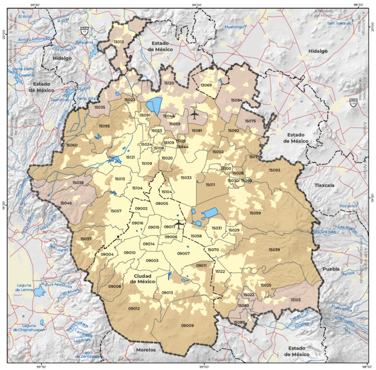 Cartografía de la Zona Metropolitana de la Ciudad de México. ZMCDMX está compuesta por 63 municipios distribuidos en tres entidades federativas: Ciudad de México (16 alcaldías), Estado de México (45 municipios) e Hidalgo (2 municipios).