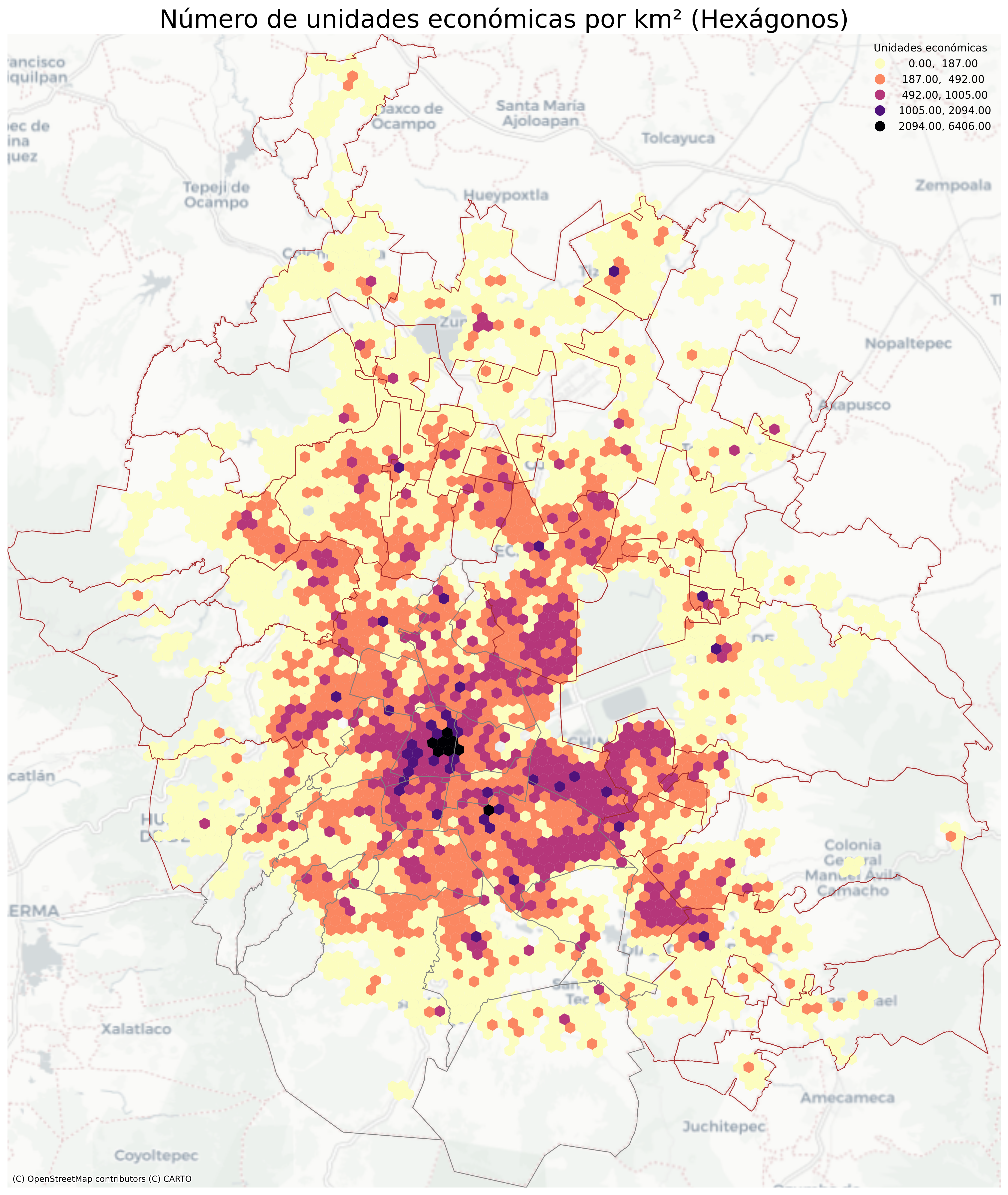 DUnidades económicos en la Zona Metropolitana de la Ciudad de México. Una cuadrícula hexagonal con celdas de aproximadamente un kilómetro cuadrado muestra la concentración de corredores económicos [4]. La línea gris marca el límite de la Ciudad de México, mientras que la línea roja indica los límites del Estado de México y del Estado de Hidalgo.