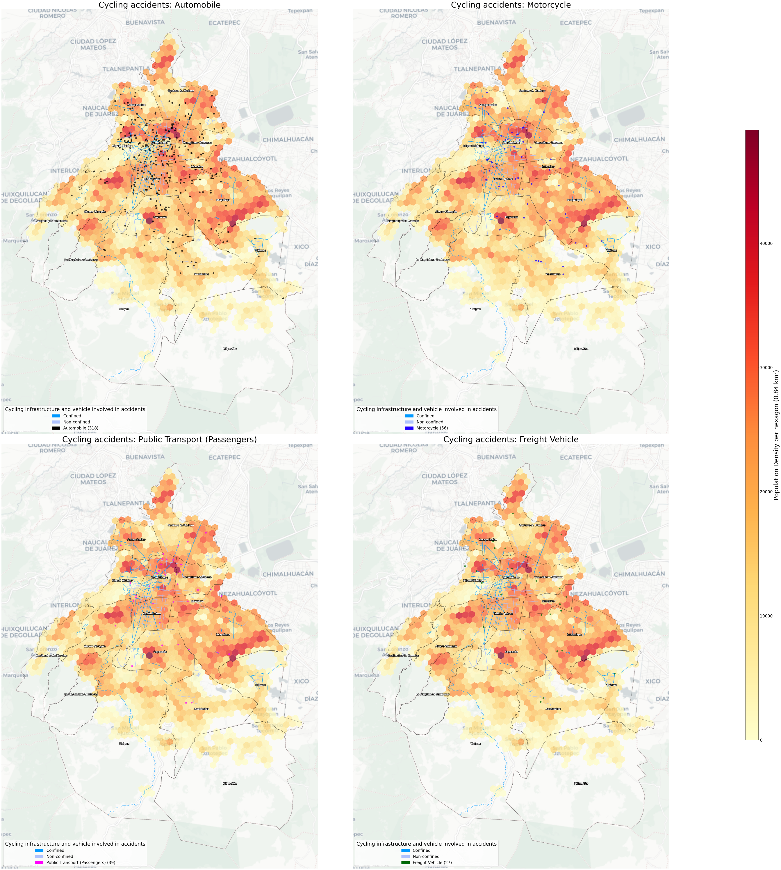 Traffic Accidents Involving Cyclists in Mexico City with Population Density Overlay