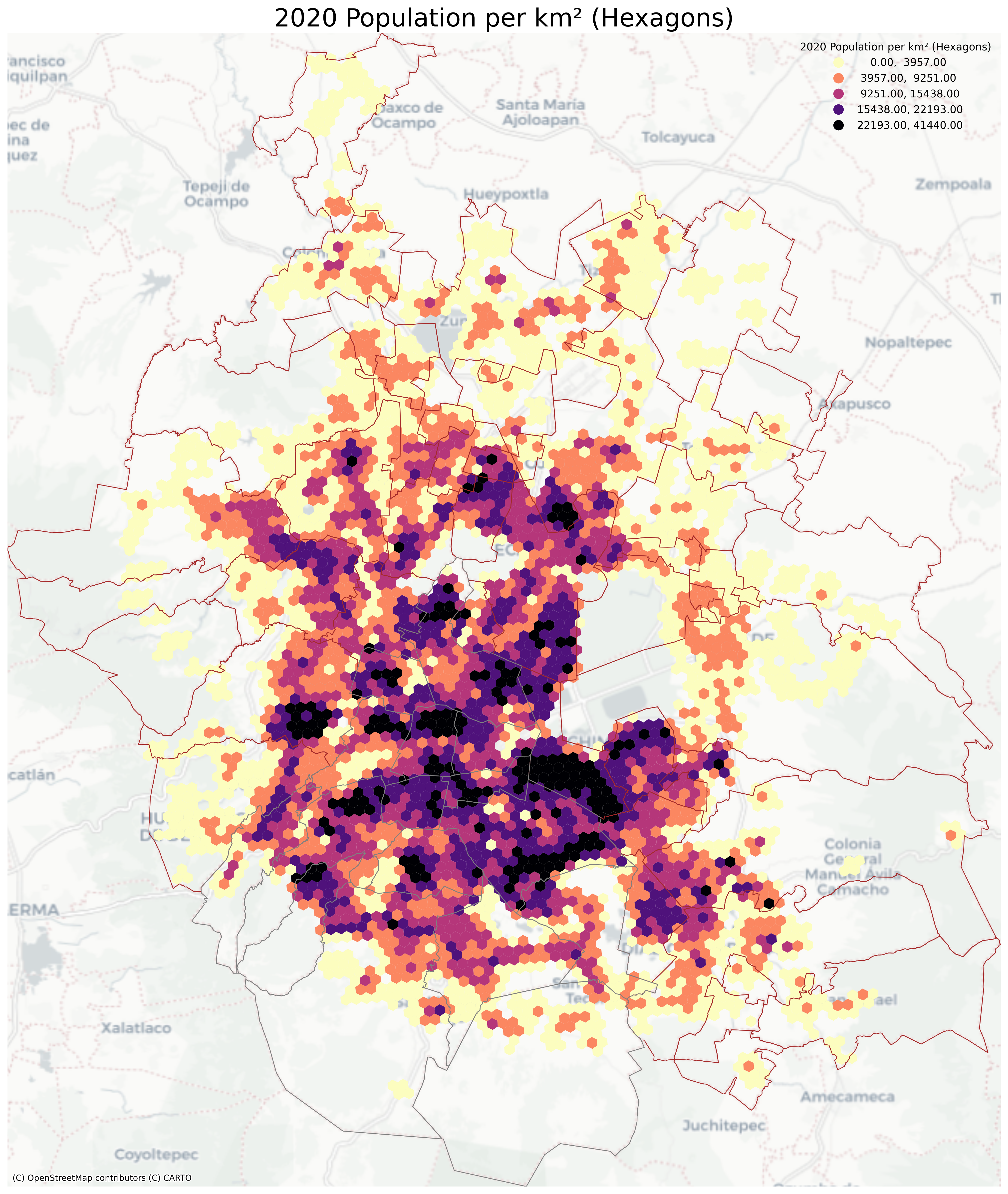 Population density in the Greater Mexico City Metropolitan Area. A hexagonal grid with cells of approximately one square kilometer displays population density using data from the 2020 Census [3]. The grey line marks the boundary of Mexico City, while the red line indicates the boundaries of the State of Mexico and the State of Hidalgo.
