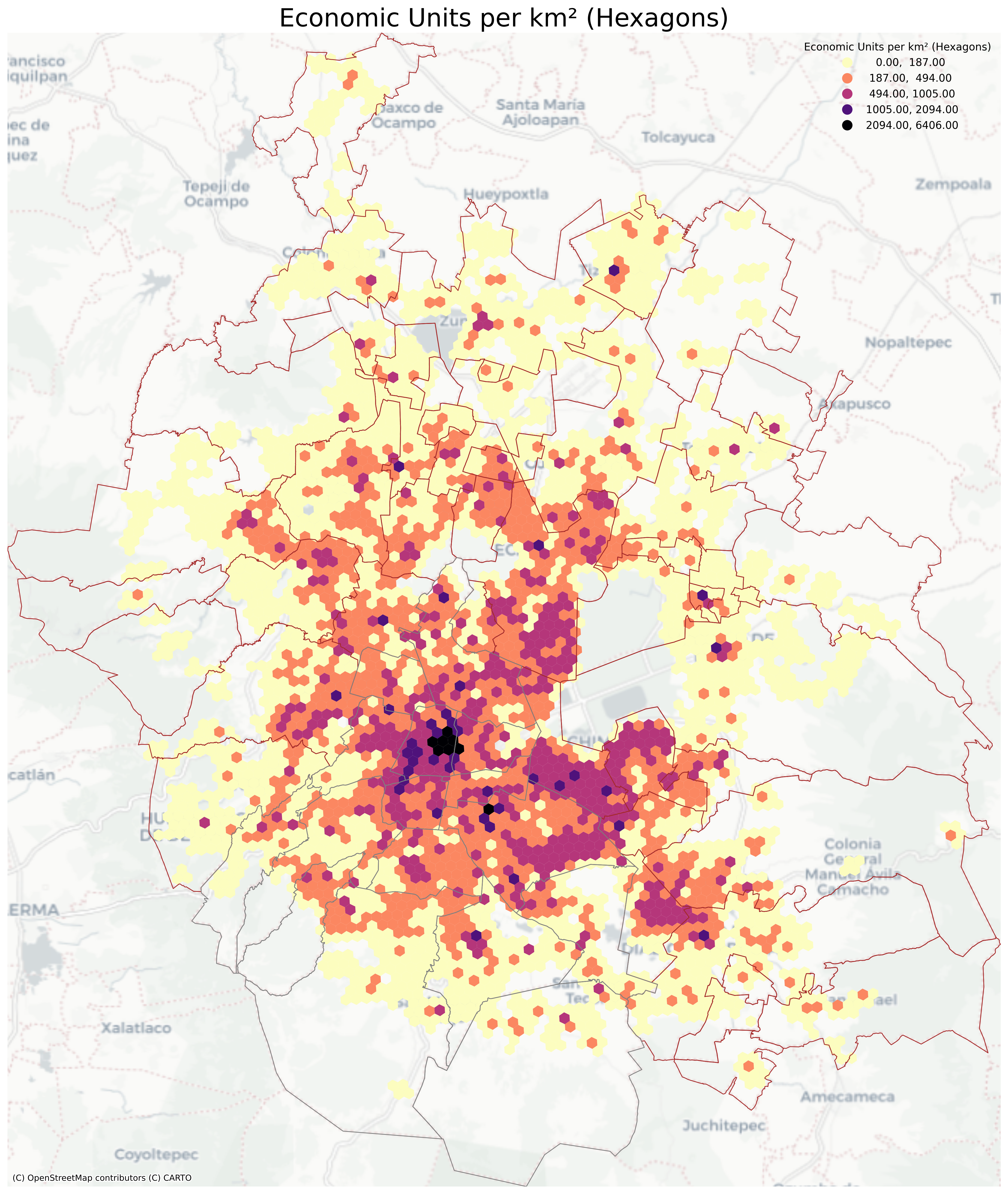 Economic corridors in the Greater Mexico City Metropolitan Area. A hexagonal grid with cells of approximately one square kilometer shows the concentration of economic corridors [4]. The grey line marks the boundary of Mexico City, while the red line indicates the boundaries of the State of Mexico and the State of Hidalgo.