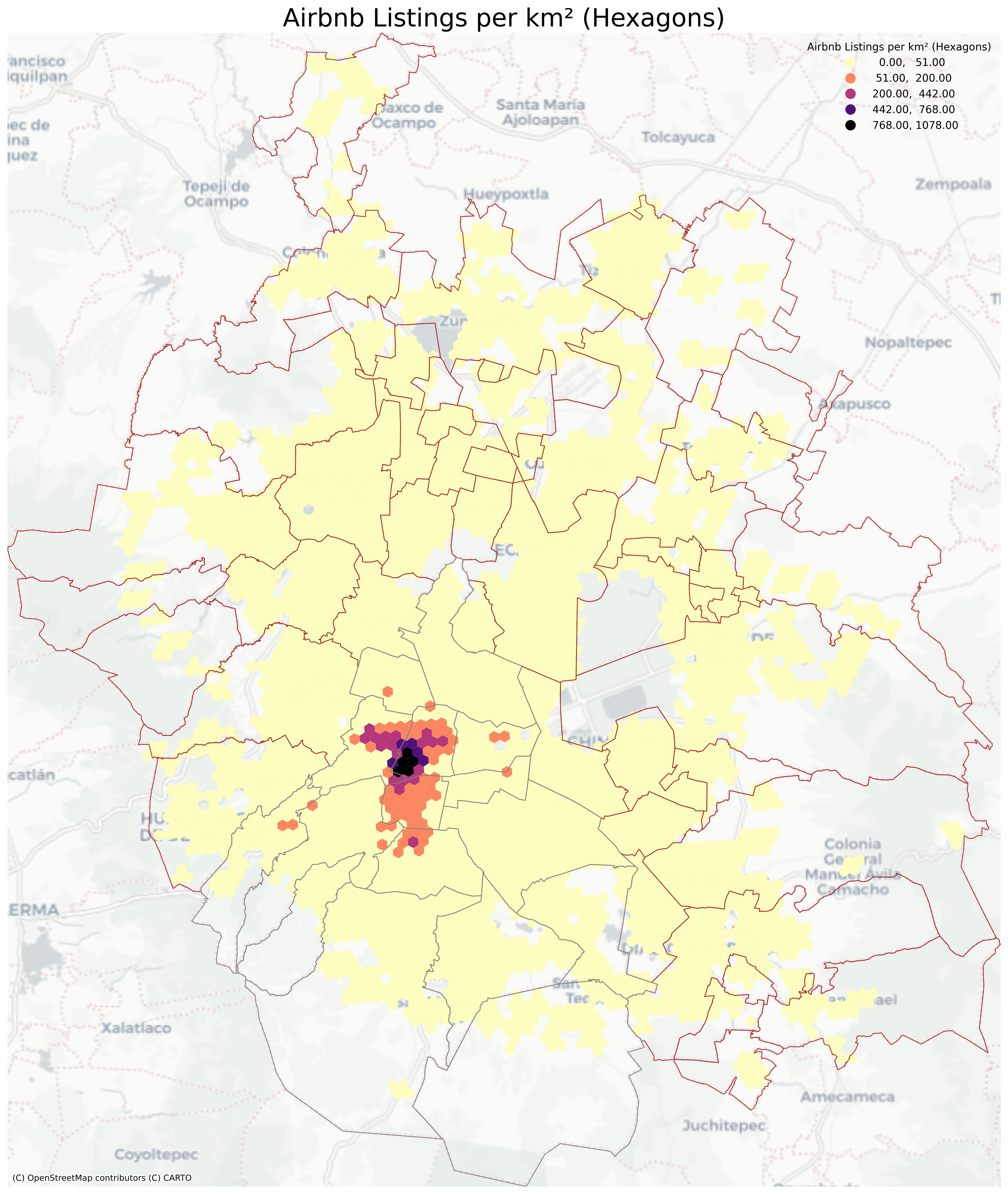 Distribution of short-term rental listings (Airbnb) in the Greater Mexico City Metropolitan Area. A hexagonal grid with cells of approximately one square kilometer displays the concentration of Airbnb listings [5]. The grey line marks the boundary of Mexico City, while the red line indicates the boundaries of the State of Mexico and the State of Hidalgo.