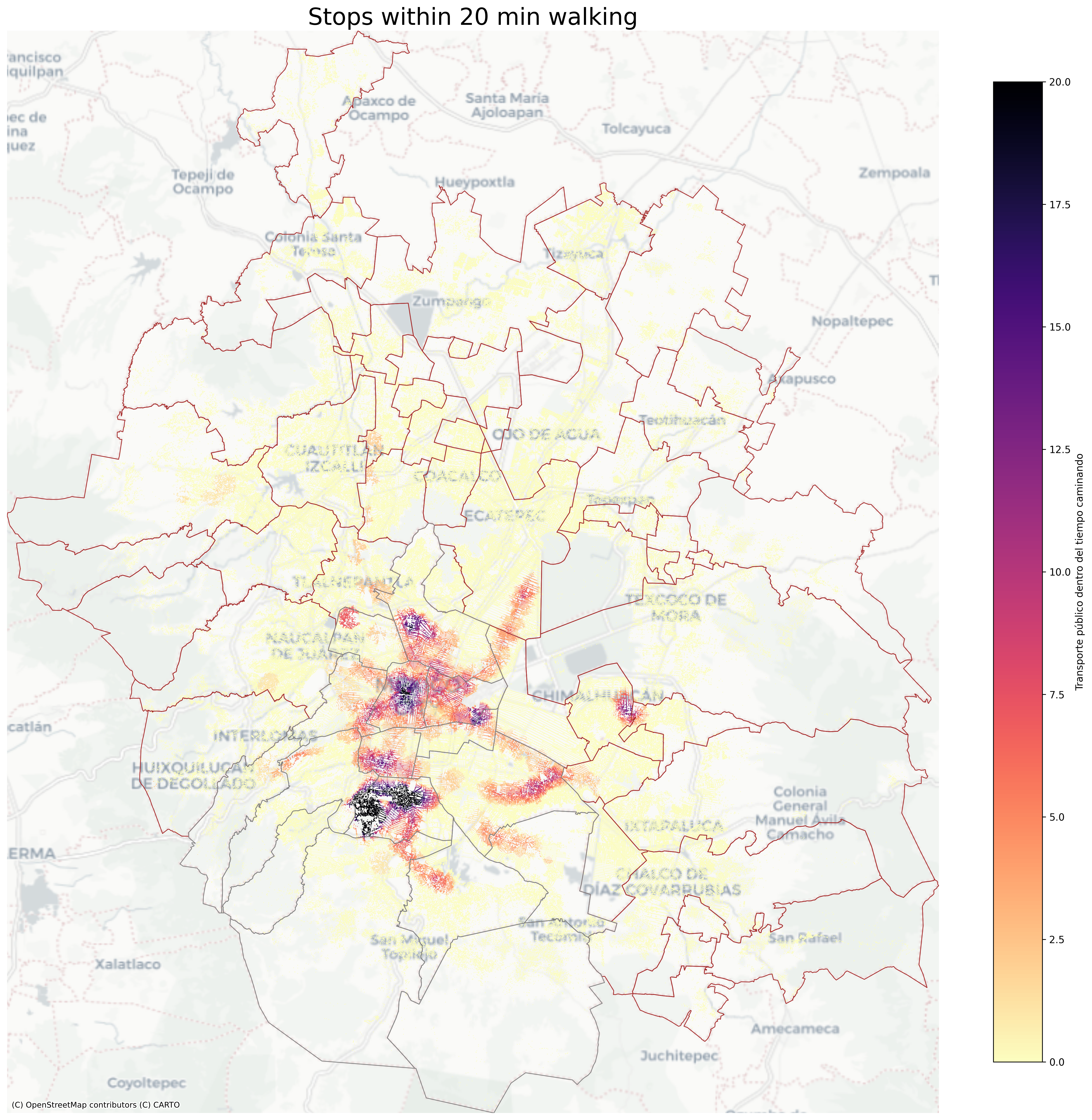 Public transportation accessibility in the Greater Mexico City Metropolitan Area based on network analysis. Accessibility is calculated along the street network, with colored network edges representing the number of public transport stops reachable within a 20-minute walking distance from each street segment [6]. The grey line marks the boundary of Mexico City, while the red line indicates the boundaries of the State of Mexico and the State of Hidalgo.